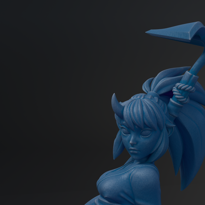 A blue, cartoonish female character with horns and a flowing hairstyle is depicted in the image.