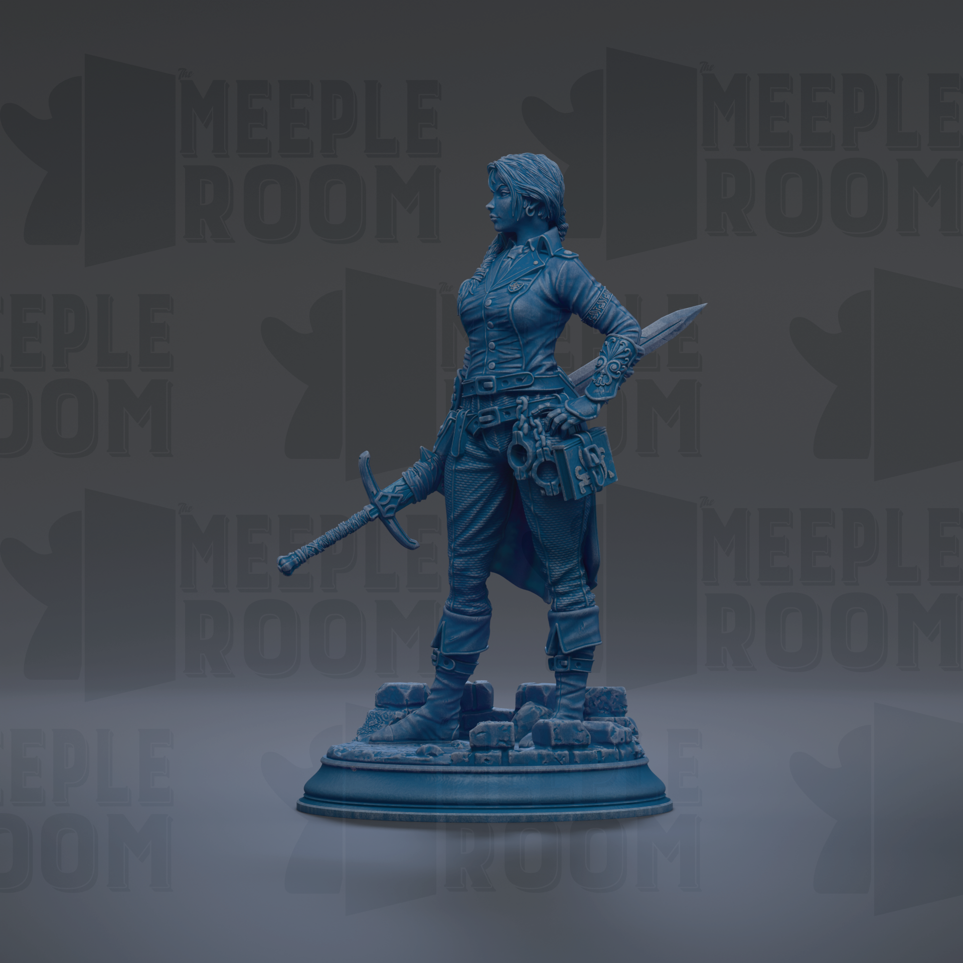 A blue statue of a woman holding a sword and shield, standing on a pedestal.