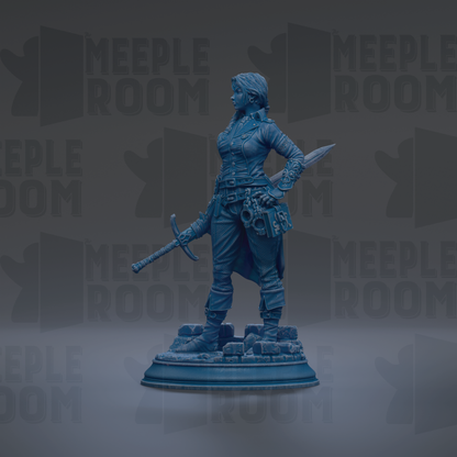 A blue statue of a woman holding a sword and shield, standing on a pedestal.
