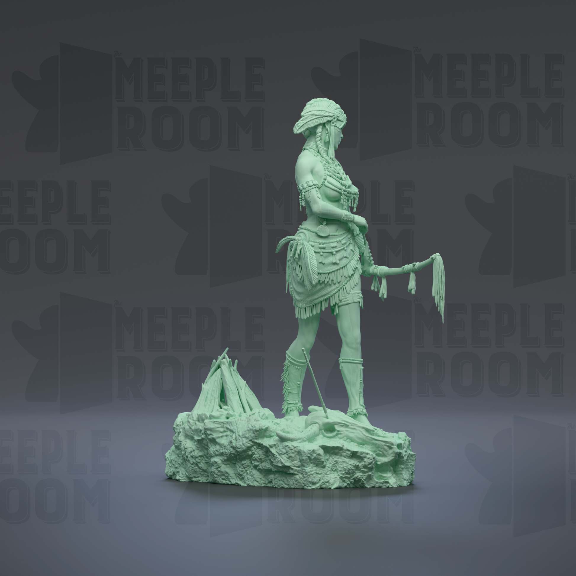 A green statue of a woman standing on a rock, holding a spear, against a dark background with repeated text.