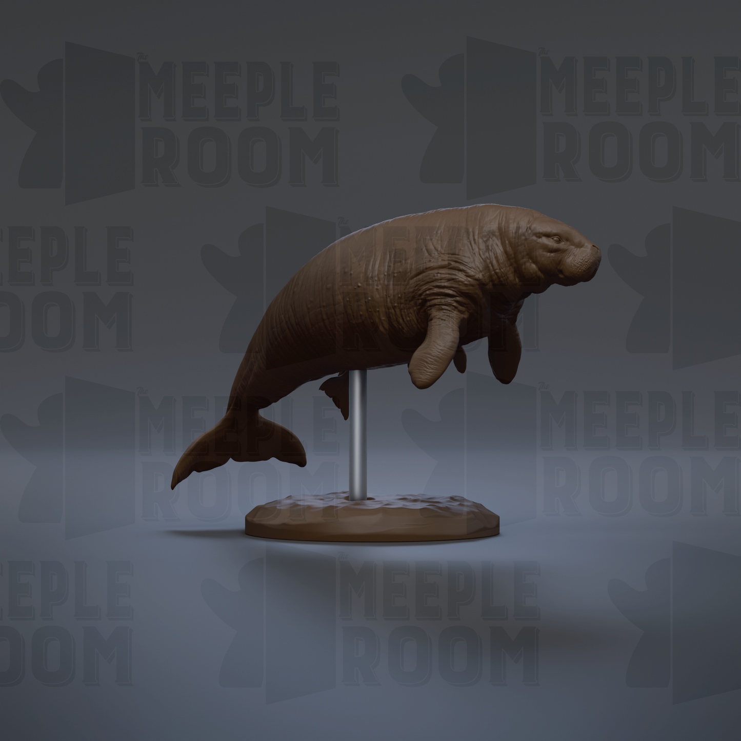 A 3D rendering of a manatee sculpture displayed on a stand against a gray background with repeated text.