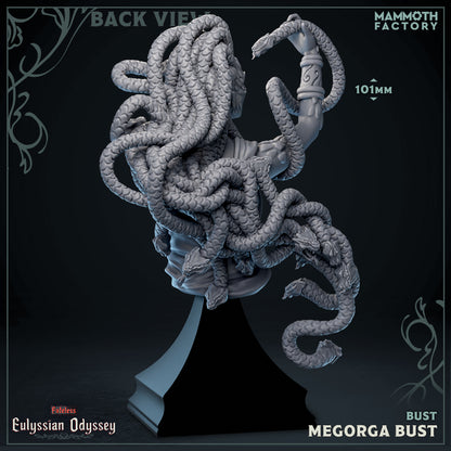 a figurine of a character named Megorga Bust, which is a bust of a character from the Eulysian Odyssey series. The figurine is shown from a back view, revealing its intricate details and design.