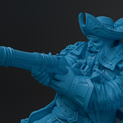 A close-up of a detailed, blue-colored statue depicting a pirate-like figure with a beard and hat, holding a gun.