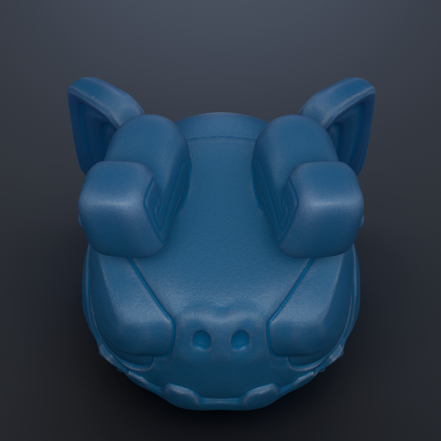 A blue, 3D-rendered toy or object with a round shape and two pointed ears, sitting on a dark background.