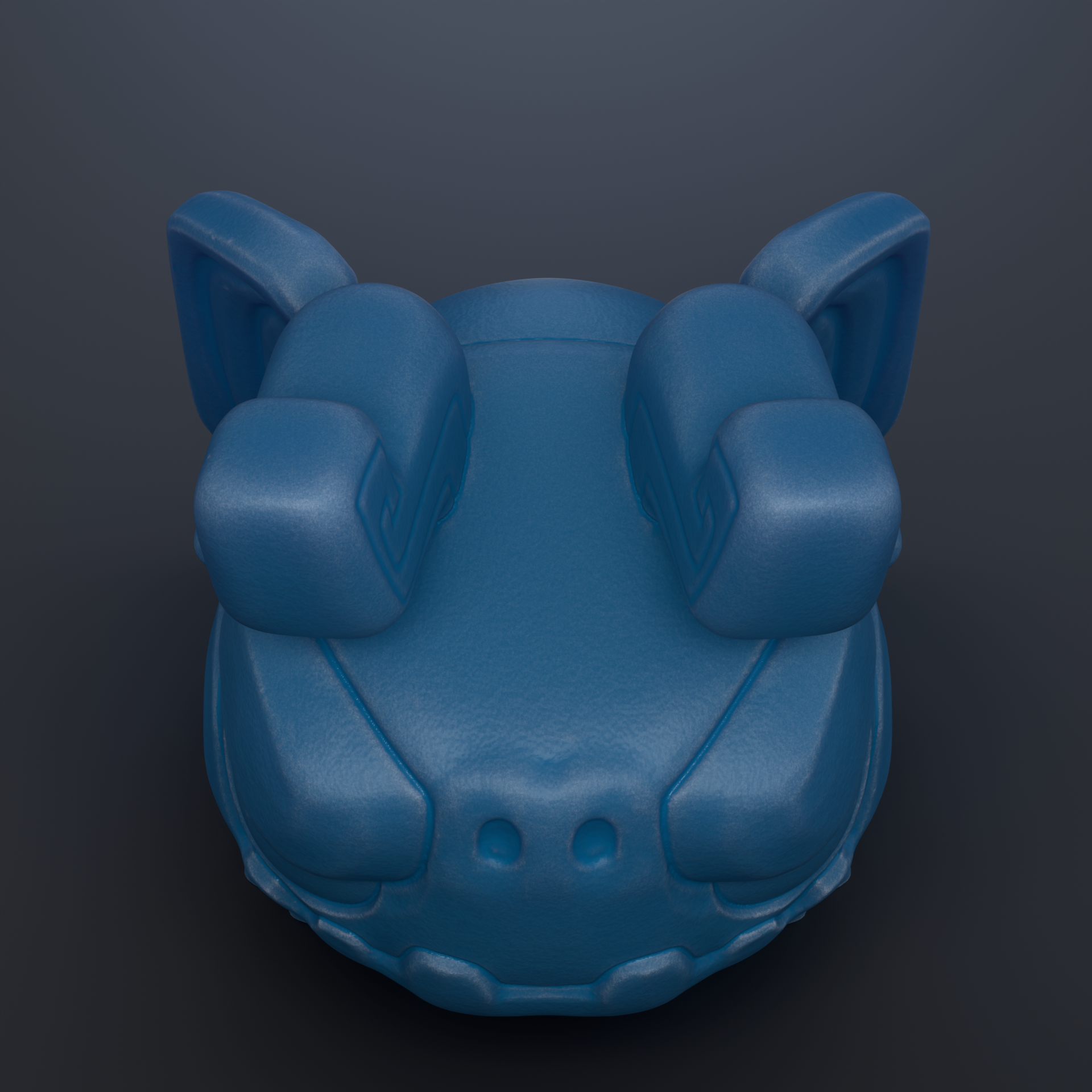 A blue, 3D-rendered toy or object with a round shape and two pointed ears, sitting on a dark background.