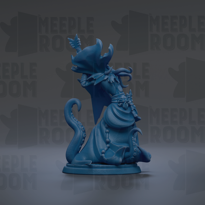 A blue, 3D-rendered figurine of a fantastical creature with a large head, long neck, and tentacles, set against a dark background with repeated text.