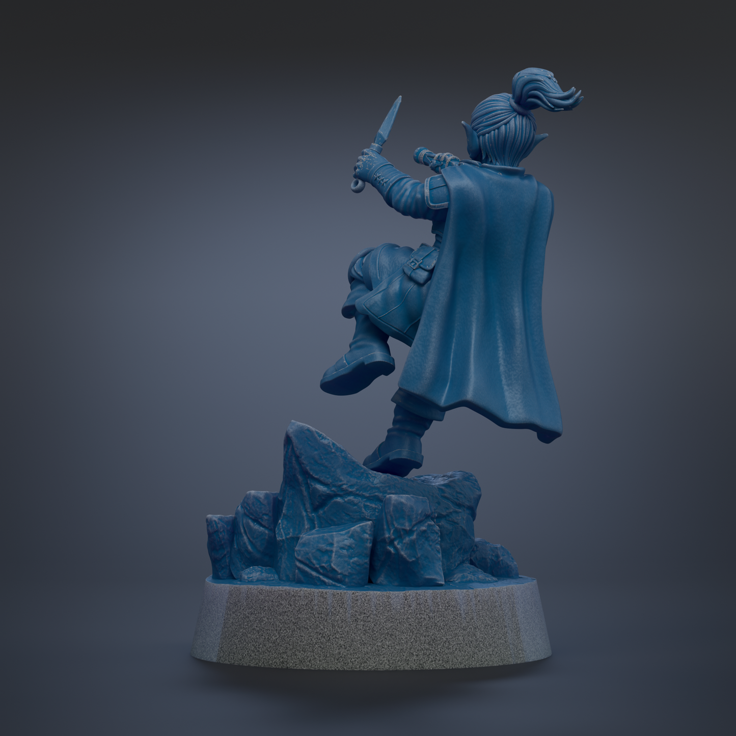 A 3D rendering of a blue statue of a person holding a sword and standing on a rock formation.