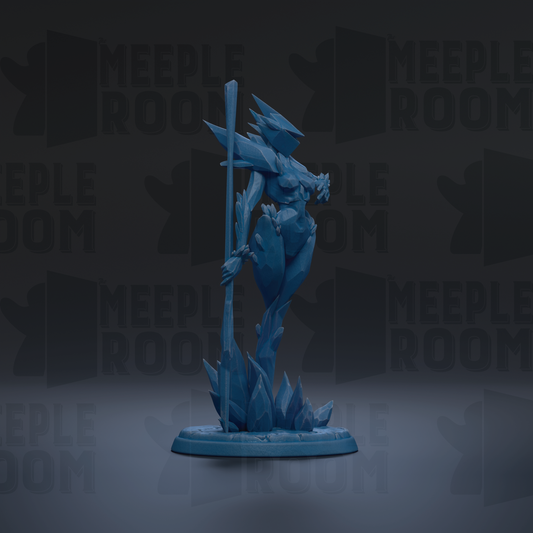 A blue, 3D-rendered female character stands on a base, holding a staff and surrounded by spikes.