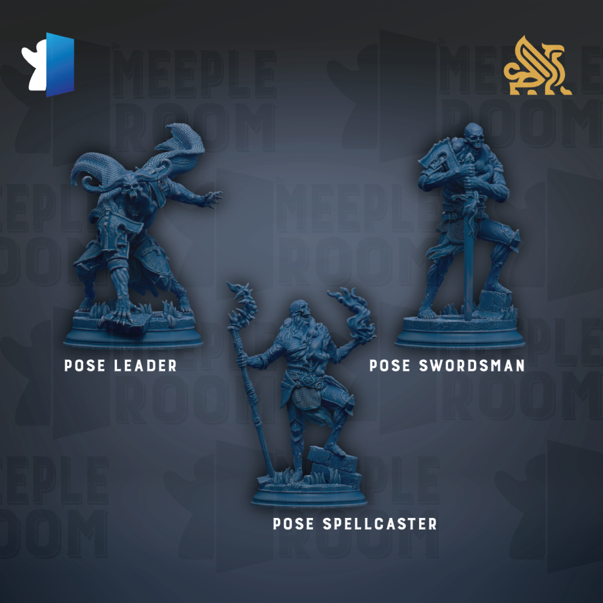 three figurines of different types of characters: a pose leader, a swordman, and a spellcaster.