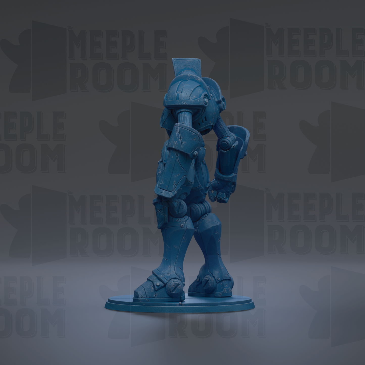 A blue, armored robot figurine is standing on a platform against a dark background with repeated text.