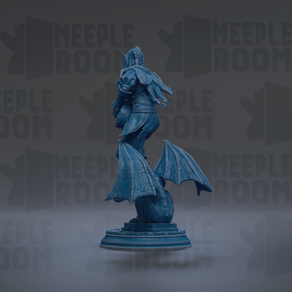 A blue statue of a winged figure stands on a pedestal against a dark background with repeated text.