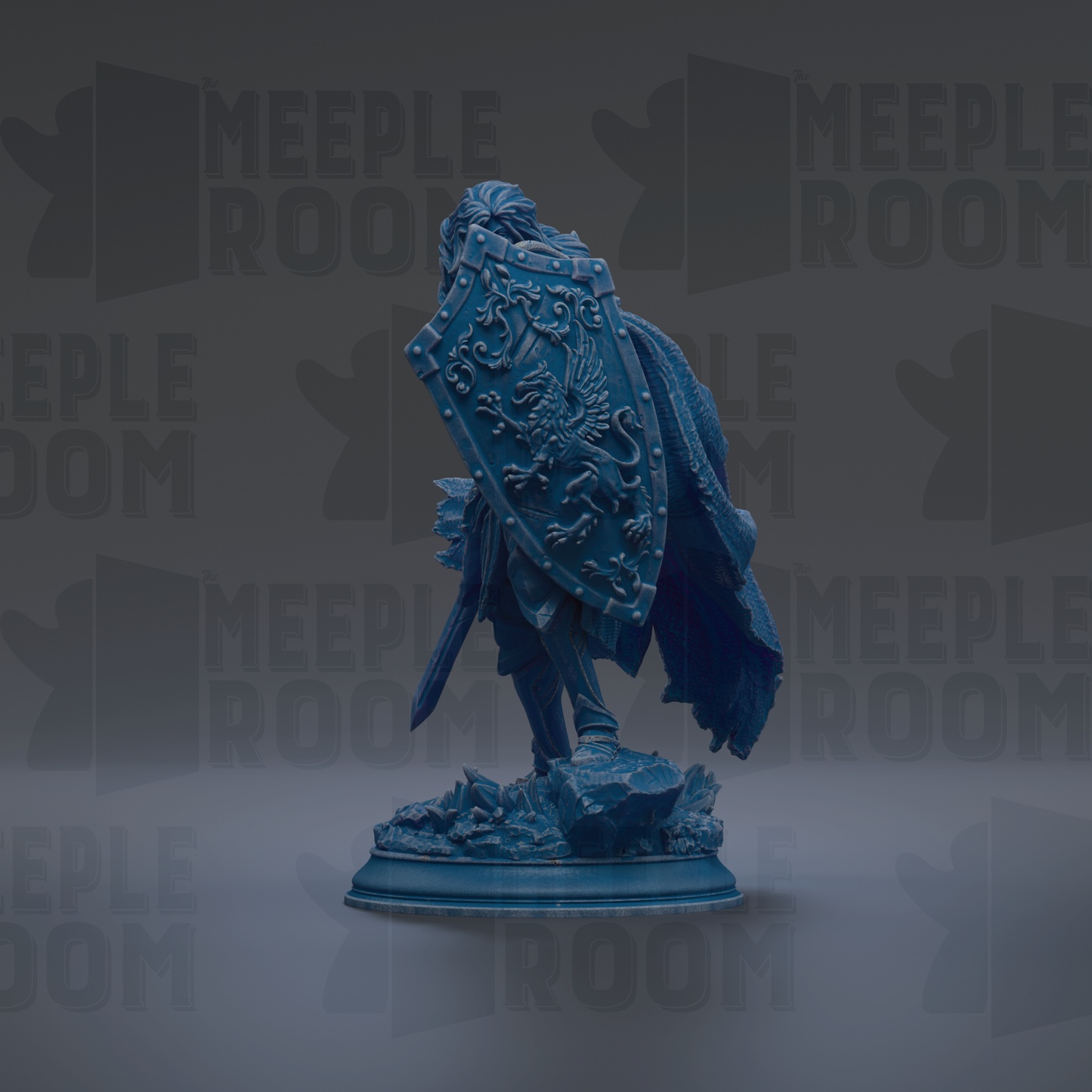 A blue statue of a warrior figure holding a shield with a dragon design, standing on a rock base against a dark background with repeated text.