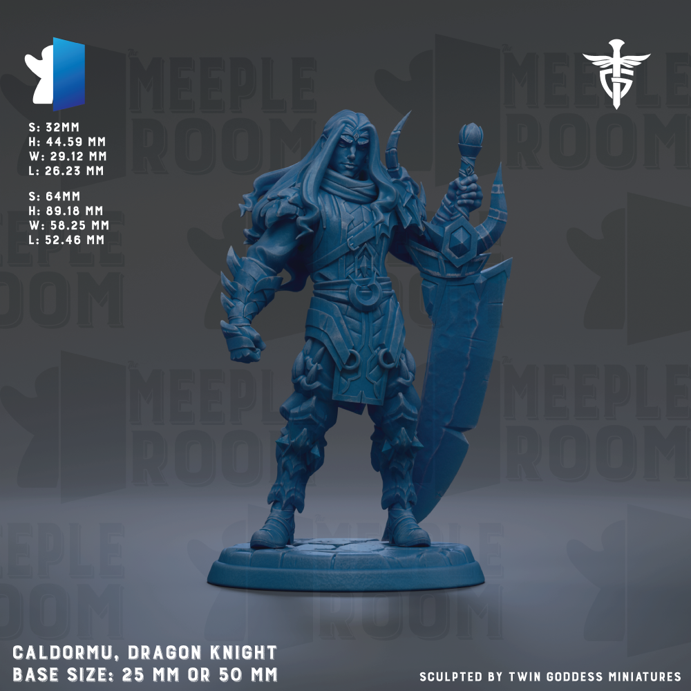 a detailed blue figurine of a dragon knight, with intricate armor and a sword, standing on a base. The figurine is described as a "calodoru, dragon knight" and is shown in various sizes, including 25mm and 50mm. The figurine is sculpted by "twin goddess miniatures".