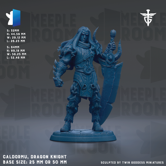 a detailed blue figurine of a dragon knight, with intricate armor and a sword, standing on a base. The figurine is described as a "calodoru, dragon knight" and is shown in various sizes, including 25mm and 50mm. The figurine is sculpted by "twin goddess miniatures".
