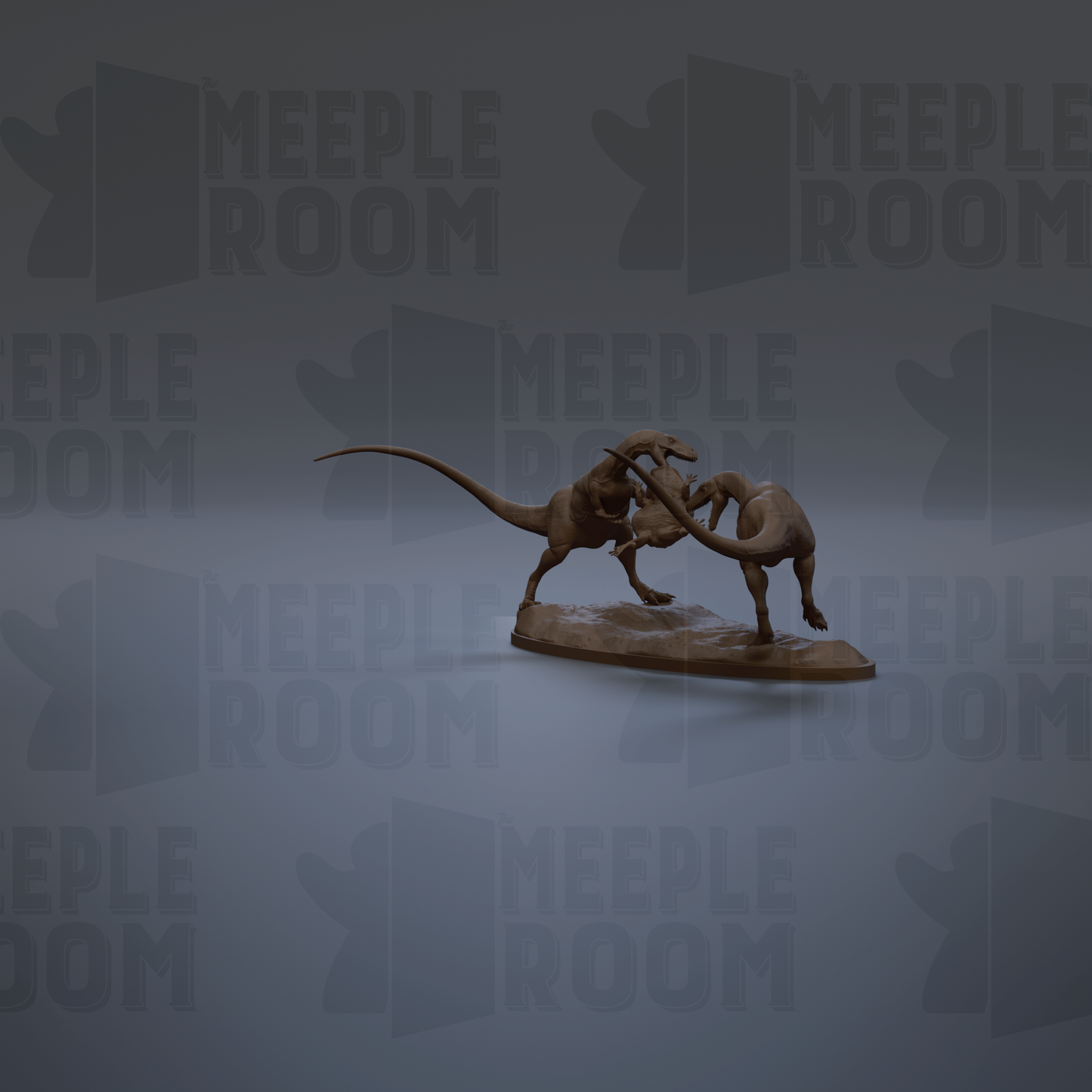 A 3D model of a dinosaur, possibly a T-Rex, is shown in a fighting stance against a dark background with repeated text.