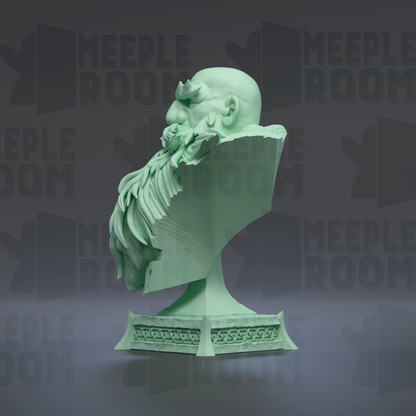 A green bust sculpture of a man with a beard and mustache, displayed against a dark background with repeated text.