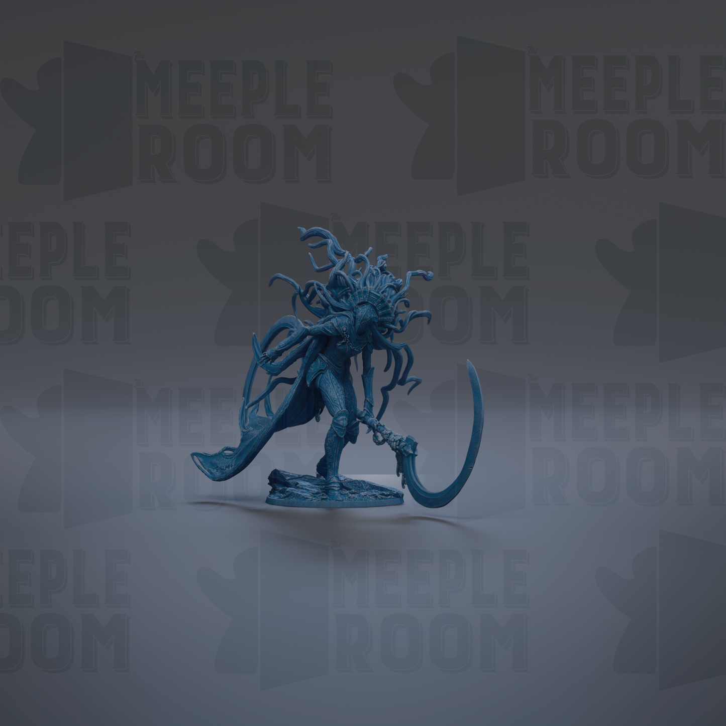 A blue figurine of a fantastical creature with long, flowing hair and a large, curved weapon, set against a dark background with repeated text.