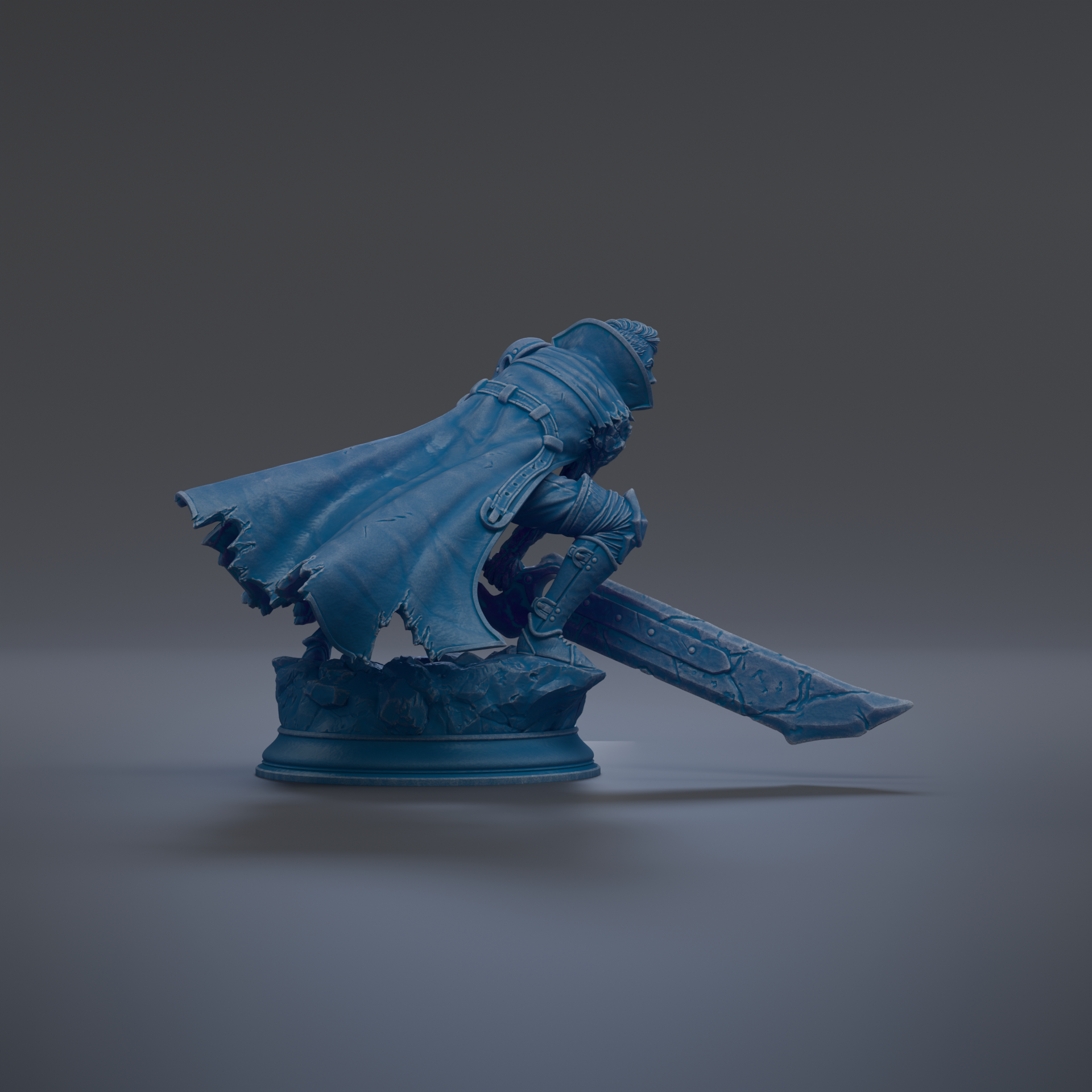 A blue statue of a knight in armor, holding a sword, stands on a pedestal against a dark background.