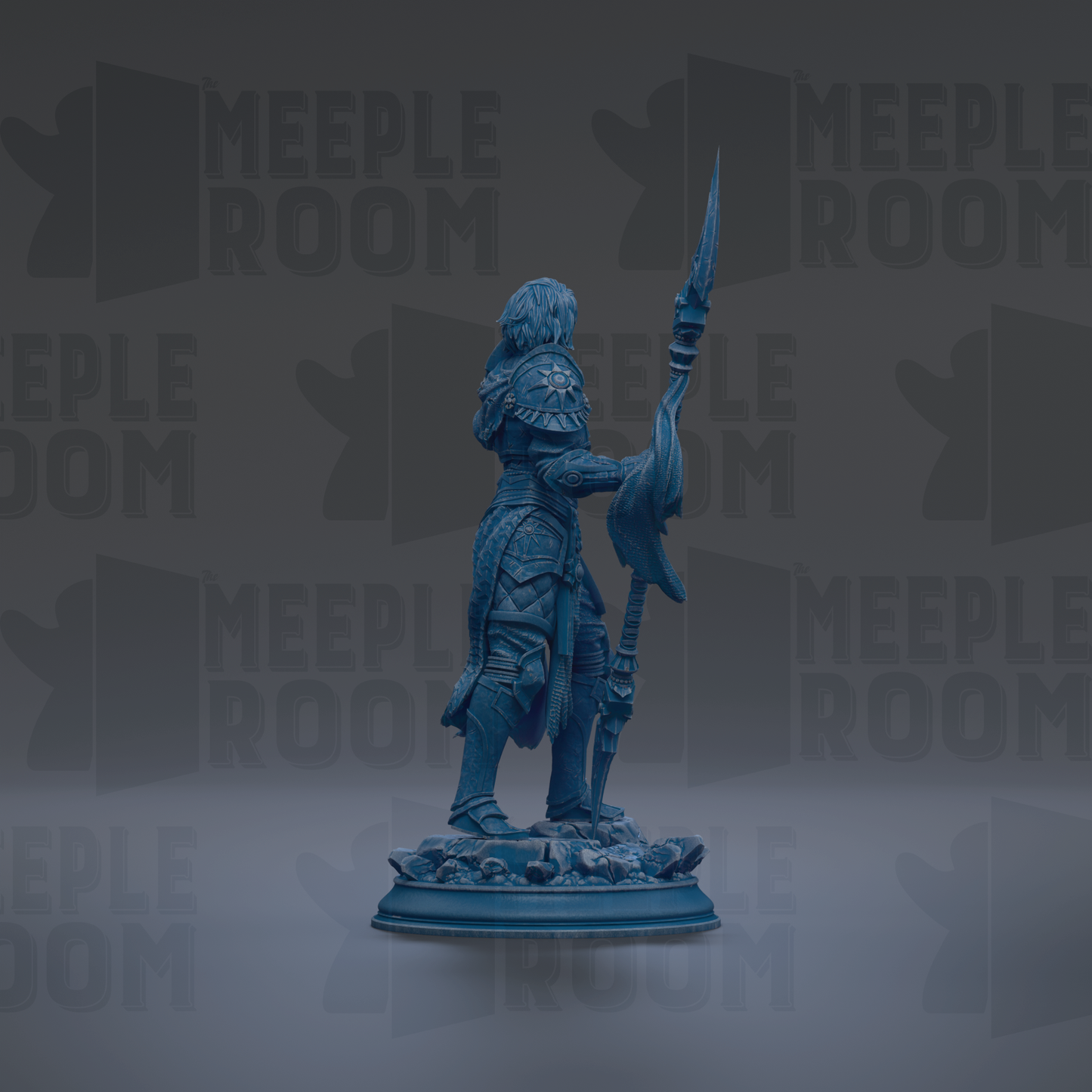 A blue figurine of a warrior standing on a pedestal, holding a spear and shield, against a dark background with repeated text.