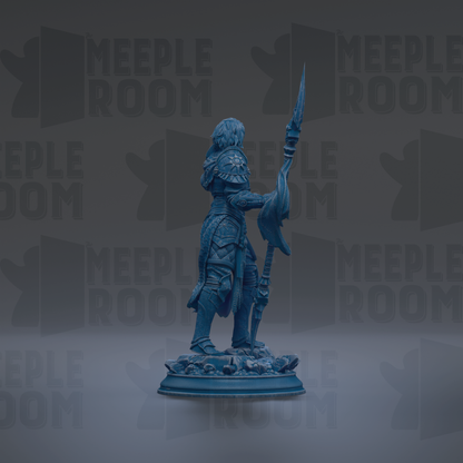 A blue figurine of a warrior standing on a pedestal, holding a spear and shield, against a dark background with repeated text.