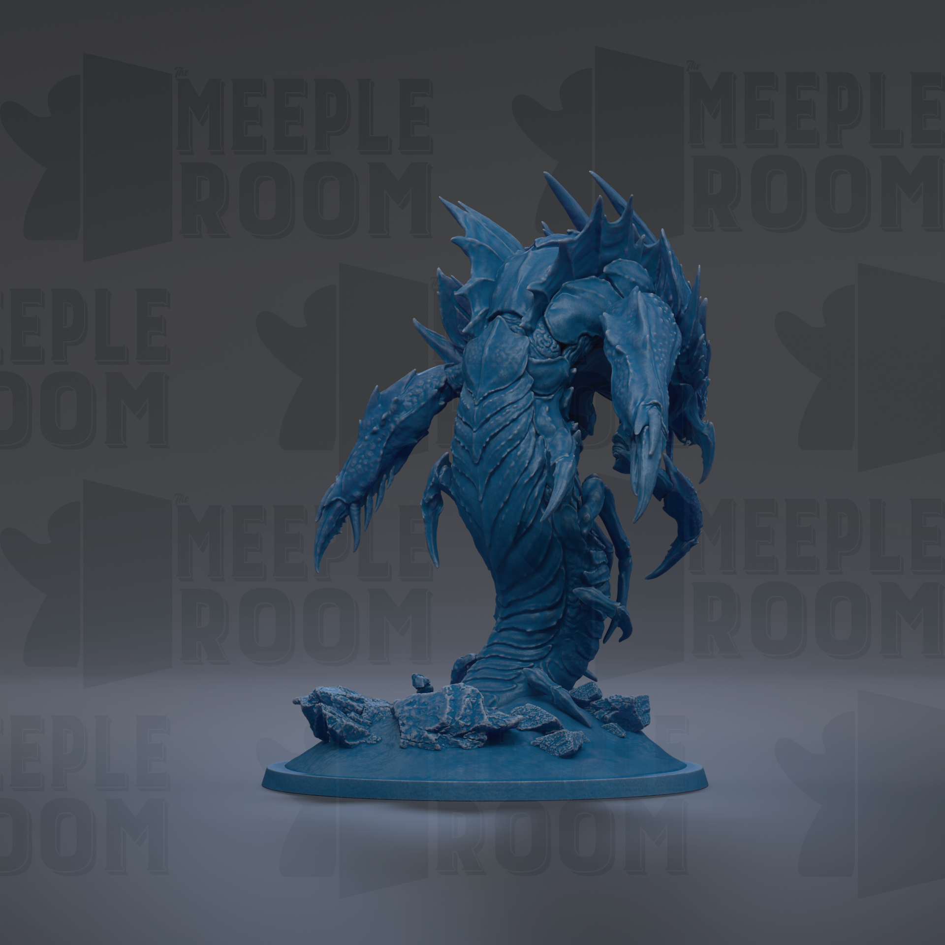 A blue, 3D-rendered creature resembling a dragon or serpent, with sharp teeth and claws, is the central focus of the image.