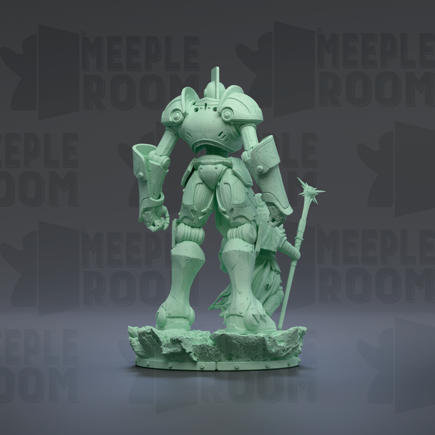 A green, mechanical robot figure stands on a rocky base against a dark background with repeated text.