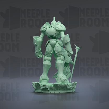 A green, mechanical robot figure stands on a rocky base against a dark background with repeated text.