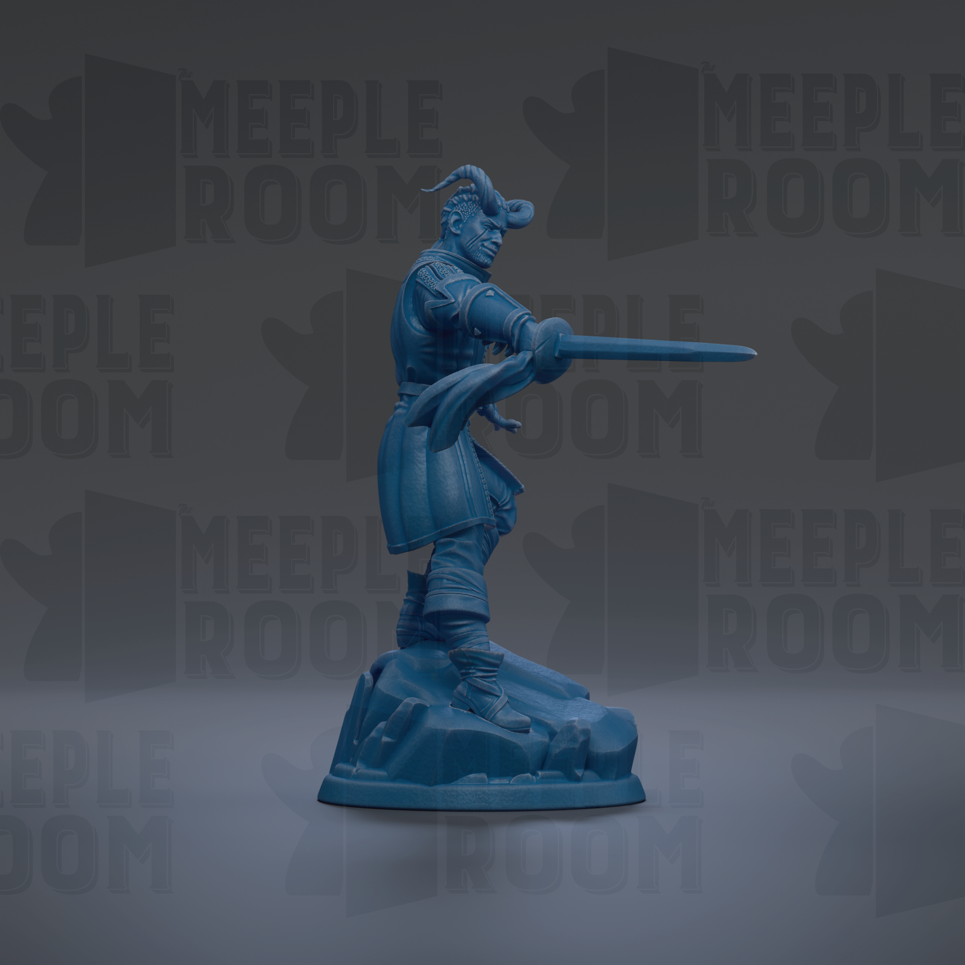 A blue figurine of a warrior wielding a sword stands on a rock against a dark background with repeated "MEIPLE ROOM" text.
