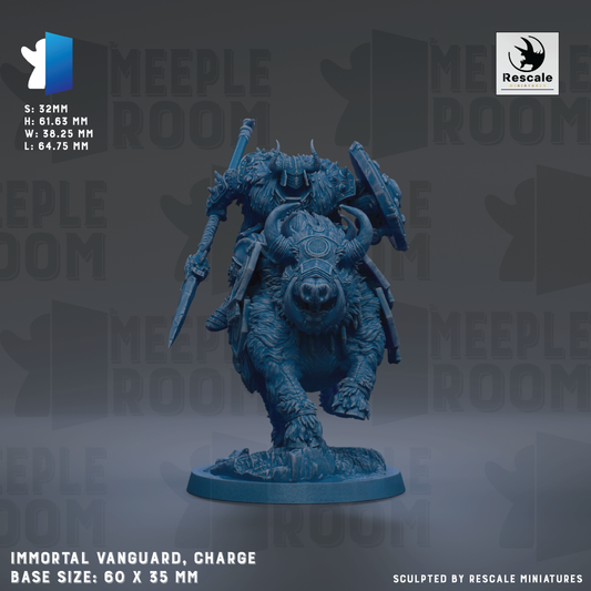 The image is a 3D model of a blue figurine depicting a charging armored knight on a dragon-like creature, possibly a dragon or a mythical beast. The figurine is mounted on a base and is described as an "immortal vanguard, charge" with a base size of 60 x 35 mm. The image is a sculpture by Rescue Miniatures.
