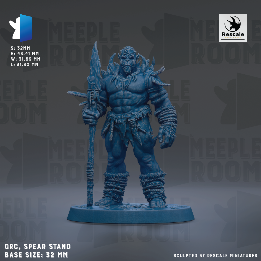a blue warrior figurine standing on a spear stand, holding a spear in its right hand. The figurine is wearing a large, imposing armor and has a fierce expression on its face. The figurine is set against a dark background, which emphasizes its size and strength. The base size of the figurine is 32mm.