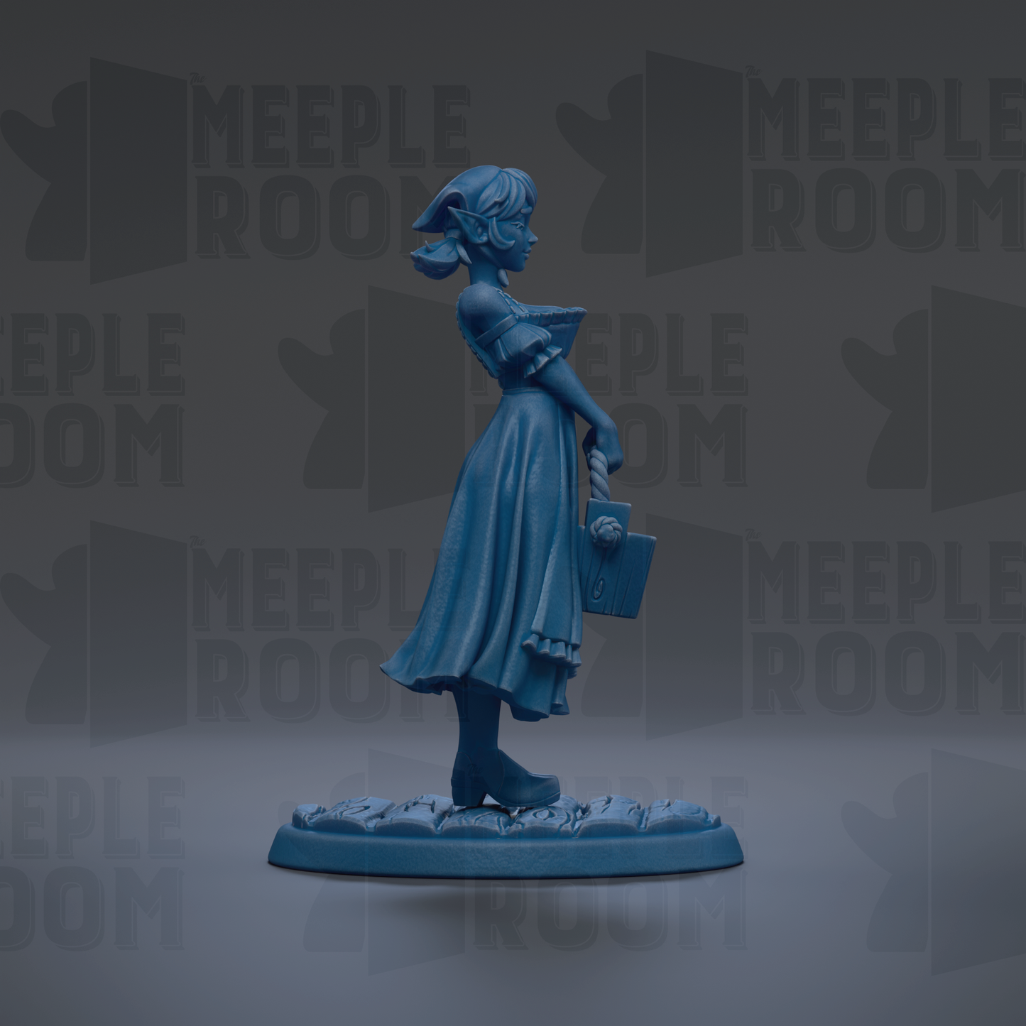 A blue figurine of a woman standing on a base, holding a book and a small object.