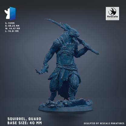 a blue, armored squirrel-like creature holding a weapon, standing on a base. The squirrel is depicted in a dynamic pose, with its arms outstretched and a sword in its hand. The base size of the squirrel is 40 mm.