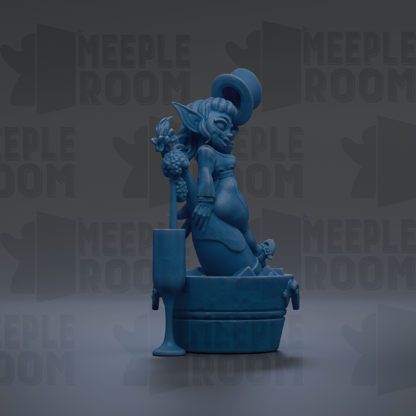 A blue figurine of a mermaid sitting in a bathtub, holding a wine glass and a flower.