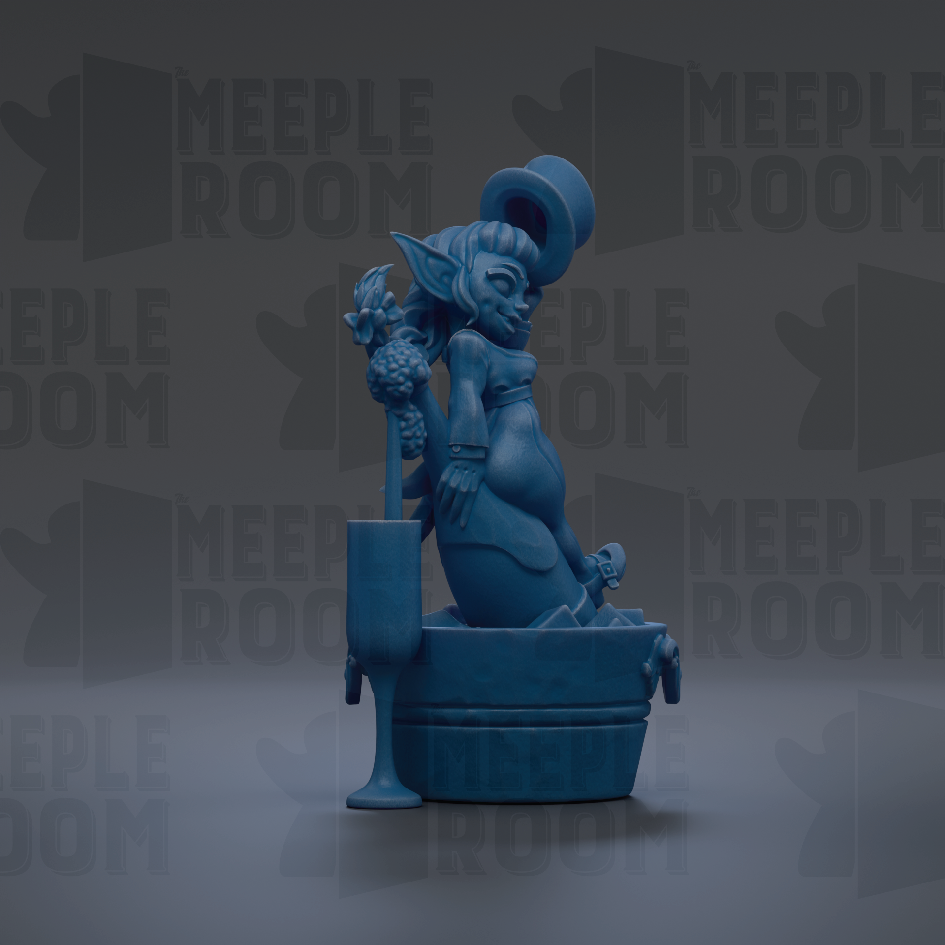 A blue figurine of a mermaid sitting in a bathtub, holding a wine glass and a flower.