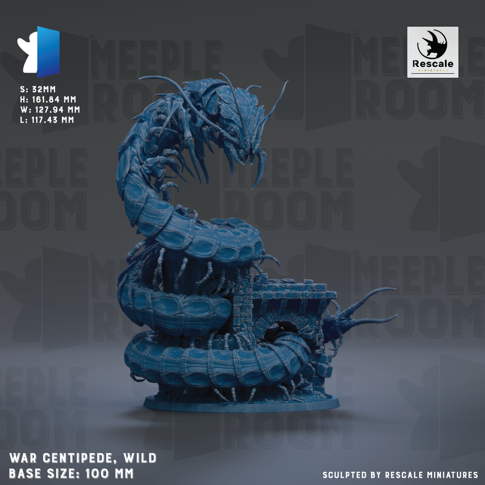 A large, detailed, and intricate blue figurine of a war centipede, a type of large, crawling insect, is shown against a dark background.