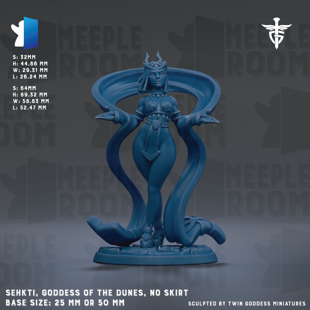 The image is a 3D rendering of a statue of a female figure, likely representing a goddess or deity, with a large headdress and a flowing skirt. The statue is set against a dark background with repeated text and logos.