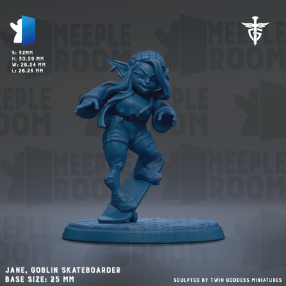A blue figurine of a female character, likely a witch or magical being, is depicted in a dynamic pose on a skateboard. The figurine is standing on a platform, and the background features the text "MEEPLE ROOM" repeated multiple times. The image also includes the text "JANE, GOBlin Skateboarder" and "BASE SIZE: 25mm".