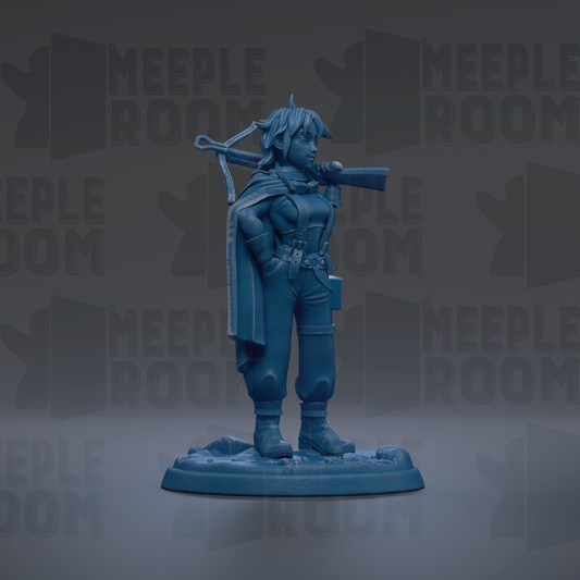 A blue figurine of a person standing in a dark environment, with the text "MEUPLE ROOM" repeated multiple times in the background.