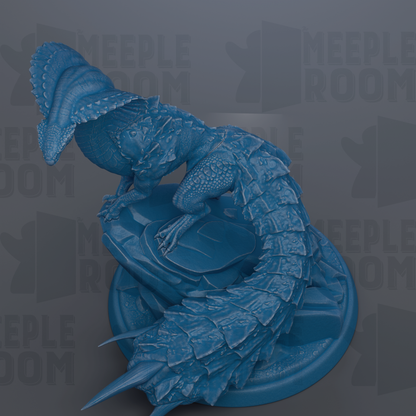 A blue, 3D-rendered model of a fantastical creature, possibly a mythical or magical being, sitting on a rock or pedestal.