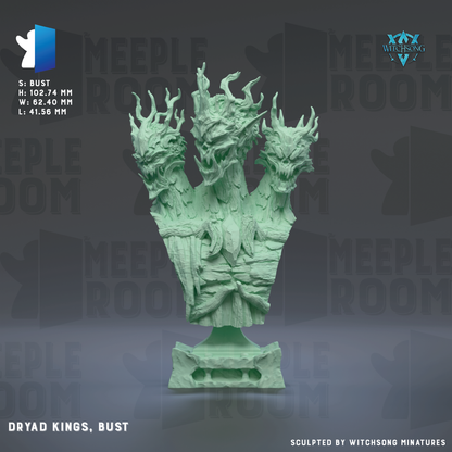 The image is a bust of a green dragon-like creature with three heads, called Dryad Kings, located in the Meeples Room.