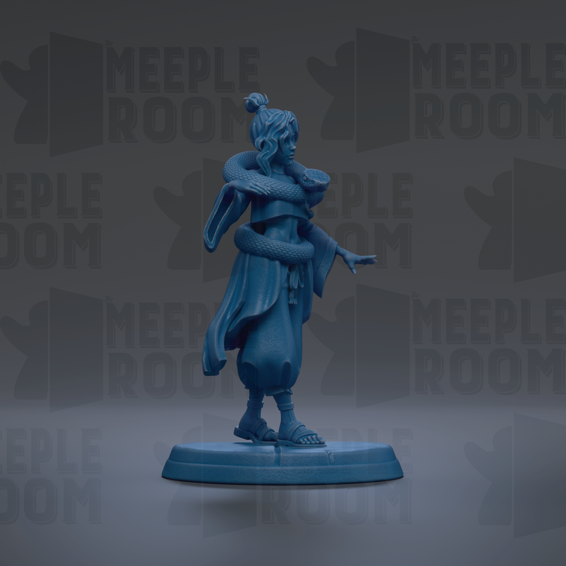 A blue figurine of a person with a snake wrapped around their neck, standing on a blue base against a dark background with repeated text.