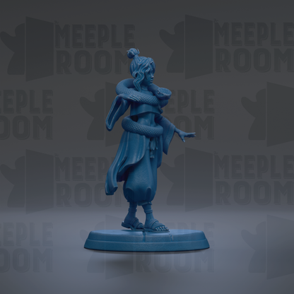 A blue figurine of a person with a snake wrapped around their neck, standing on a blue base against a dark background with repeated text.