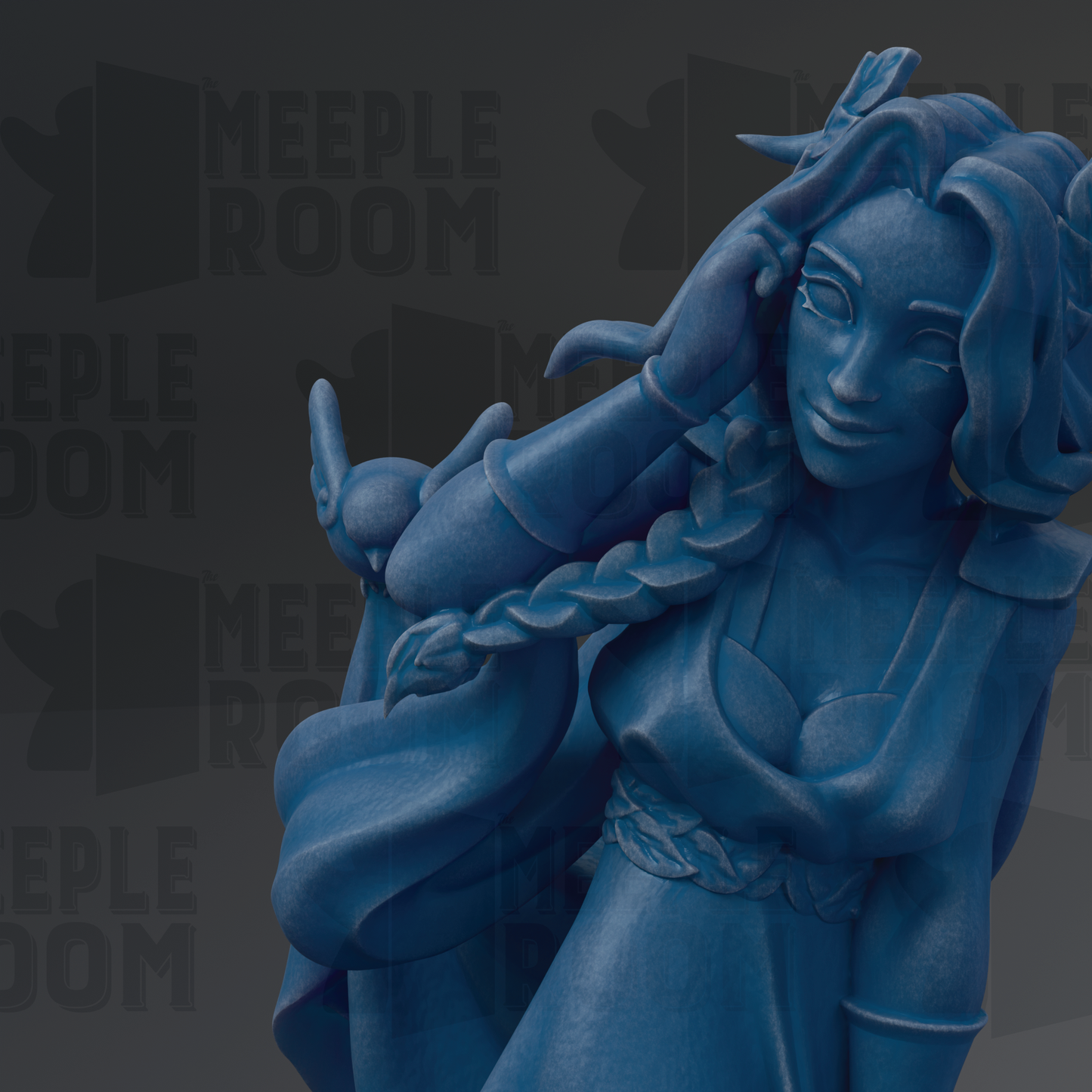 A blue statue of a woman with braided hair, wearing a flowing dress, is the central focus of the image.
