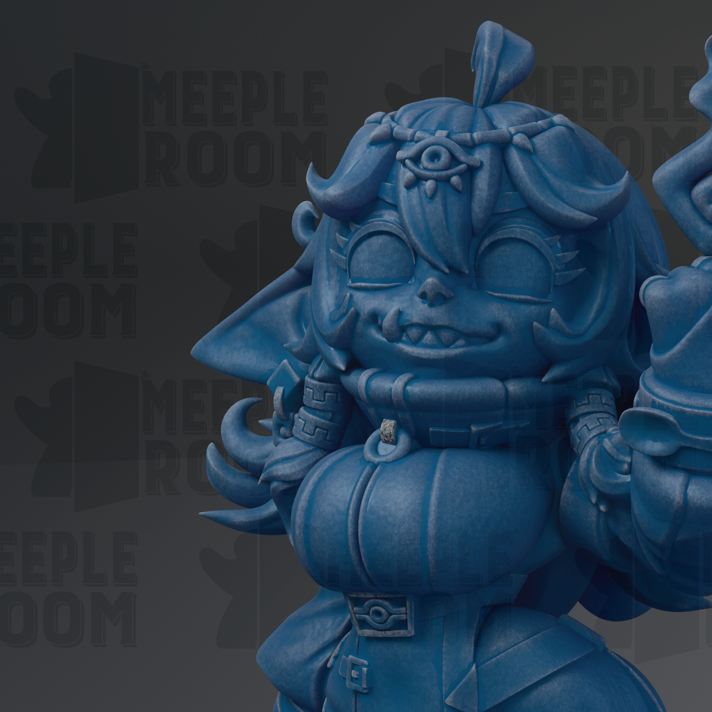 A close-up of a blue, cartoonish statue of a character with a large head, wearing a crown and holding a weapon.