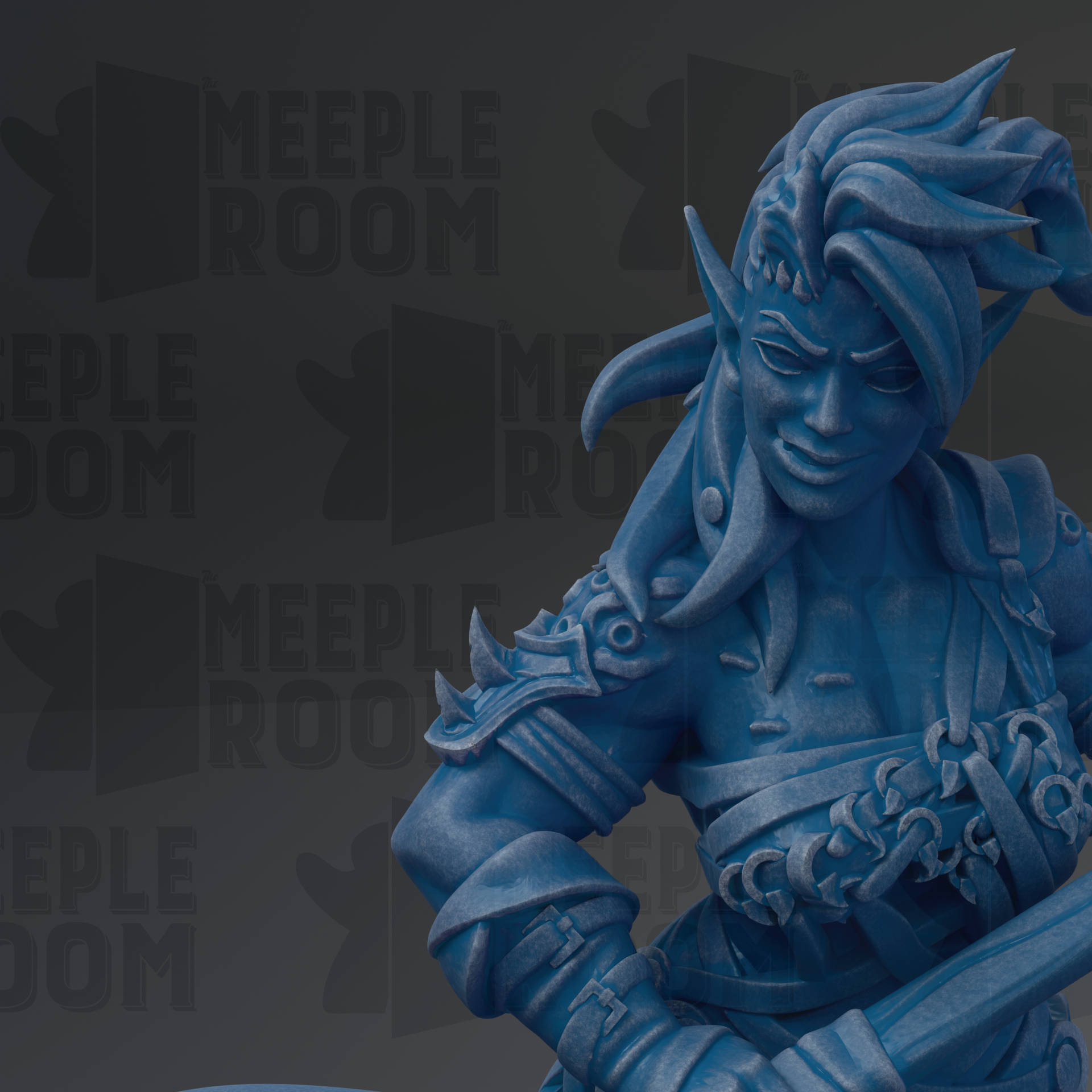 A close-up of a blue, detailed statue of a female character with intricate armor and a fierce expression.