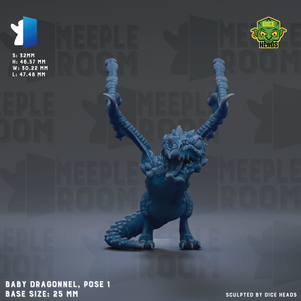 a blue dragon figurine with a dragon head and wings, posed in a dynamic position. The dragon is described as a baby dragon, suggesting it is smaller in size compared to other dragon figurines. The image is a base size of 25mm, and it is sculpted by dice heads. The background of the image is a dark gray color, which contrasts with the blue color of the dragon. The image does not contain any text, and it is a single, unbroken scene.