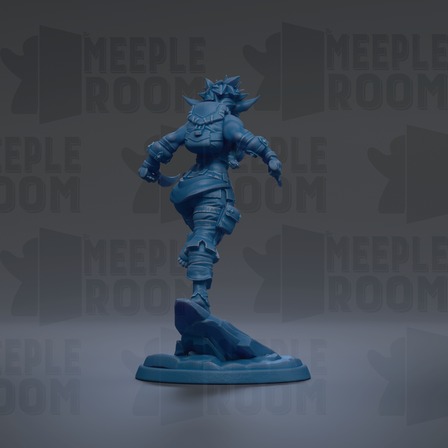 A blue figurine of a character with a fierce expression stands on a rock against a dark background with repeated "MEIPLLE ROOM" text.
