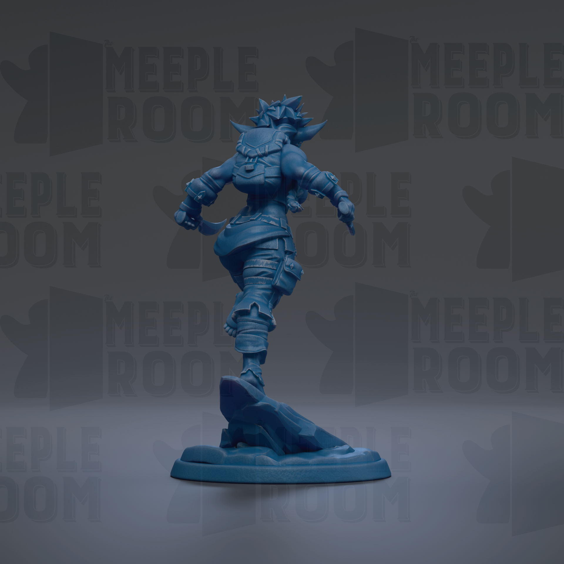 A blue figurine of a character with a fierce expression stands on a rock against a dark background with repeated "MEIPLLE ROOM" text.