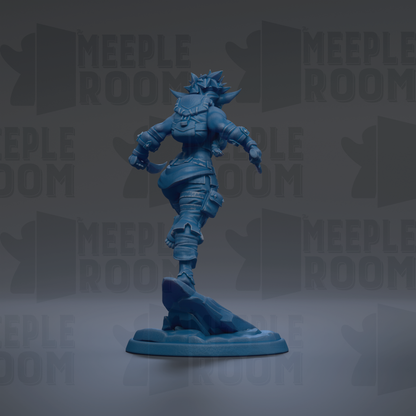 A blue figurine of a character with a fierce expression stands on a rock against a dark background with repeated "MEIPLLE ROOM" text.