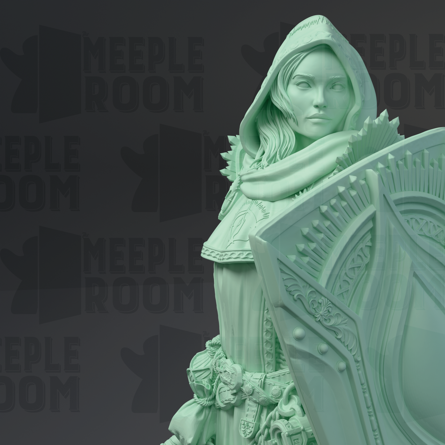 A green statue of a woman with a hooded cloak, holding a shield, is displayed against a dark background with repeated text.